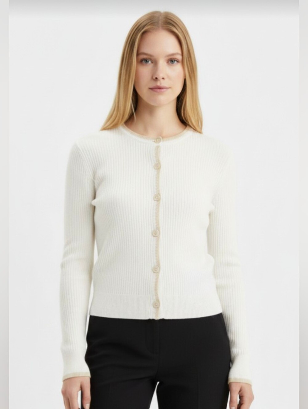 LOFT! LIGHTEST CREAM KNIT, TRI COLOR TAN CROCHETED EDGING CARDI SWEATER! SZ XL